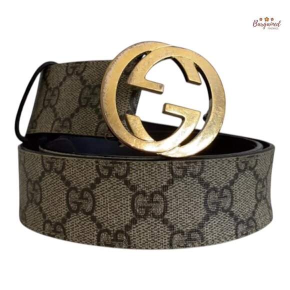 Authentic Gucci Brown GG Supreme Gold Interlocking G Buckle Belt Size 80/32 - Picture 1 of 12